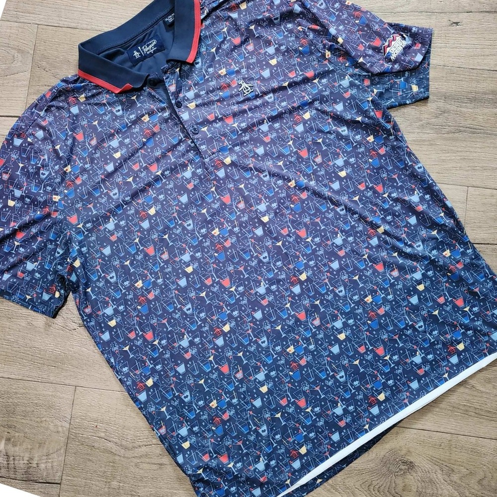 Original Penguin Mens XL Golf Polo Shirt Blue Cocktail Martini AOP Desert Mtn